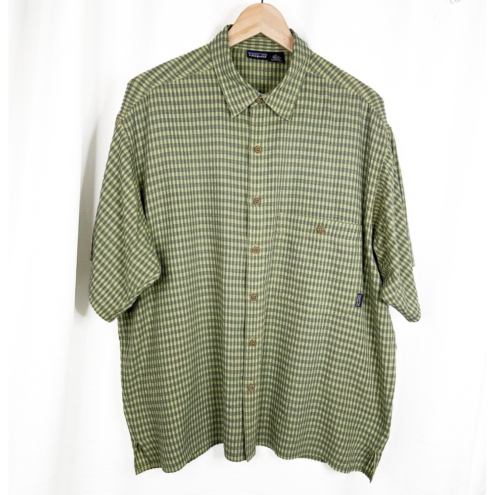Vintage Patagonia Shirt Mens L Green Plaid Short Sleeve Button Up SP99 Hiking